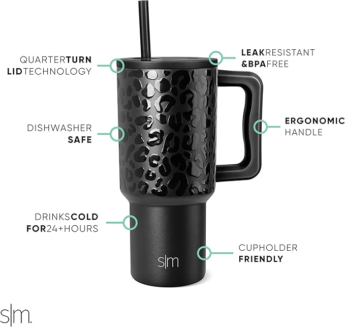 Simple Modern 30 oz Tumbler with Handle and Straw Lid | Insulated Cup Reusable Stainless Steel Water Bottle Travel Mug Cupholder Friendly | Gifts for Women Him Her | Trek Collection | Black Leopard