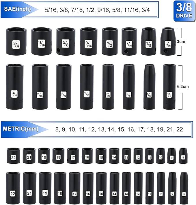 Mayouko 3/8” Drive Impact Socket Set, 50-Piece Standard SAE(5/16”-3/4”) and Metric Size(8-22mm), Deep & Shallow, 6 Point, CR-V, 72-Tooth Ratchet Wrench Handle, Extension Bars, Universal Joint