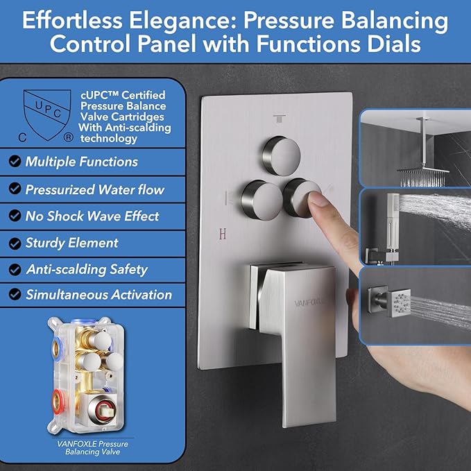 VANFOXLE Shower Faucet Set Brushed Nickel Shower System with 4 PCS Dual Modes 2 Inch Body Jets,Push Button Diverter Shower Fixtures with 2 in 1 Handheld,Ceiling Mount 10 Inch Shower Head