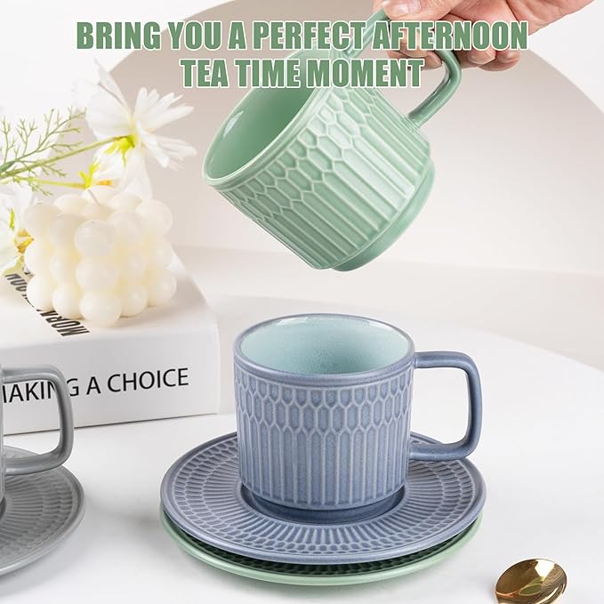 Large Cappuccino Cups with Saucers Set of 4, 8 Ounce Stackable Embossed Ceramic Coffee Mugs for Specialty Coffee Drinks, Latte, Cafe Mocha and Tea, Dishwasher & Microwave Safe (Mix)