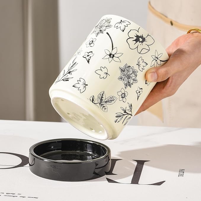 Small Utensil Holder for Kitchen Counter H5.9 x W4.1”, Ceramic Floral Cooking Utensil Crocks Countertop Organizer with Flowers