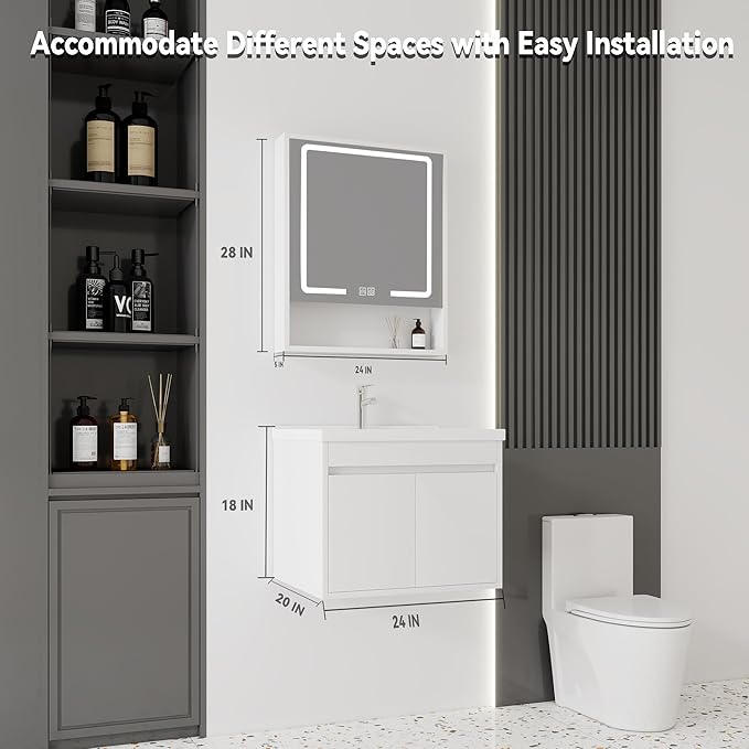 24'' Bathroom Vanity with Ceramic Sink Combo and Medicine Cabinet Mirror with Led Light/Defog, Wall Mounted Small Bathroom Vanity with Soft-Close Door Modern Floating Cabinet, White(No Faucet)