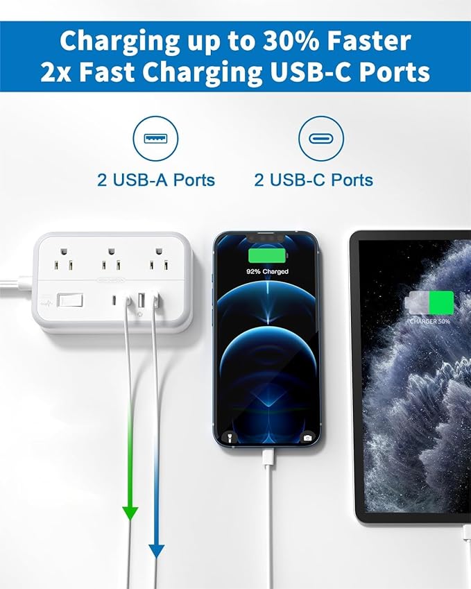 Flat Extension Cord 15 ft, NTONPOWER Surge Protector Power Strip with 6 Widely Outlets 4 USB Ports(2 USB C), Flat Plug, Wall Mounted, Side Outlet Extender for Indoor, Home Office, Dorm Room Essentials