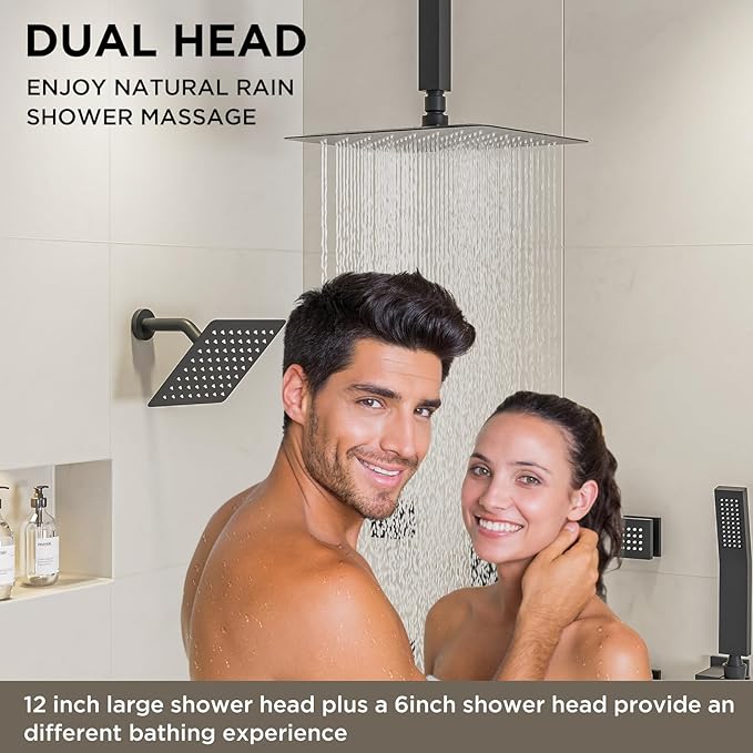 Shower Systems with 4 Body Spray Jets, STARBATH 4 Way 12+6" Rainfall Shower Head with Handheld Combo, Ceiling Mounted Shower Jets System in Wall Shower Faucet Sets Complete, Matte Black