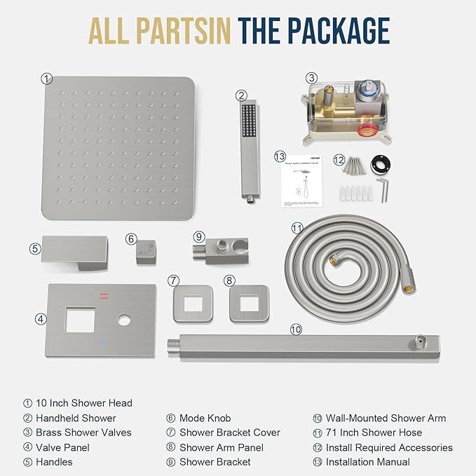 Shower Faucet Set Bathroom Square Rain Shower Head and Handle Set, Wall Mounted Shower Fixtures, Full Metal Trim Repair Kit 12 inch Brushed Nickel (With Shower Valve)