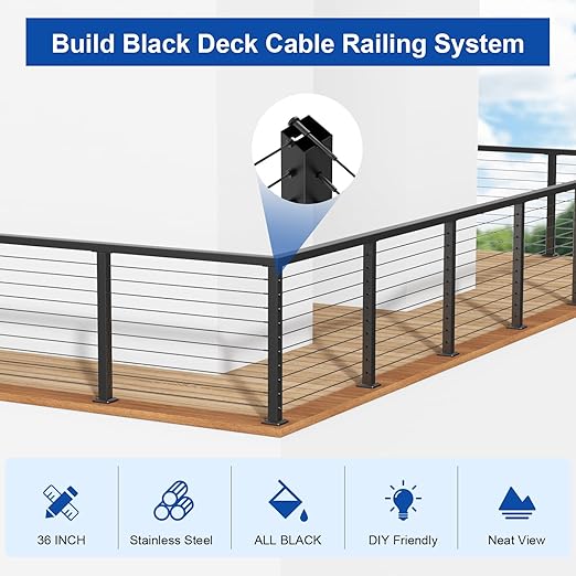 36" Cable Railing Corner Post (35"x2"x2"), 3-Side T-Drilled Flat Top Surface Mount Black Corner Post, T304 Stainless Steel One-Post Corner Solution for Indoor Outdoor, MY11