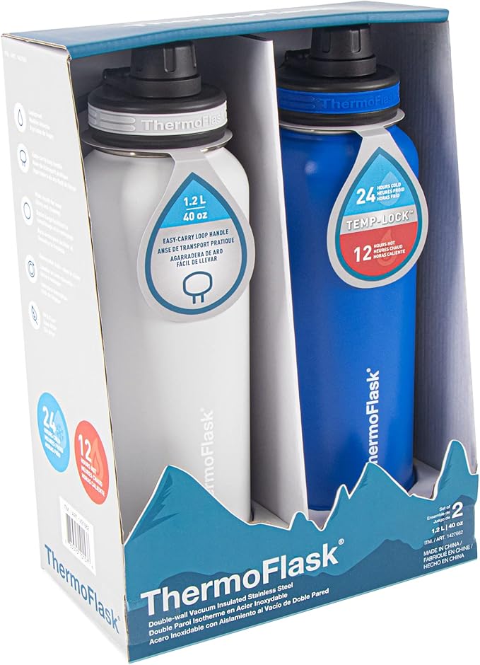 ThermoFlask 40 oz Double Wall Vacuum Insulated Stainless Steel 2-Pack of Water Bottles, Ice Grey/Azure