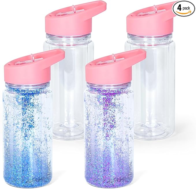 10oz Double Wall Clear Water Bottle Bulk Plastic Snow Globe Tumbler with Handle Lid, 4 Pack Acrylic Pre-Drilled Hole With Stopper Sippy Snow Globe Kid Water Bottle for Scool Sport DIY Gift, Pink
