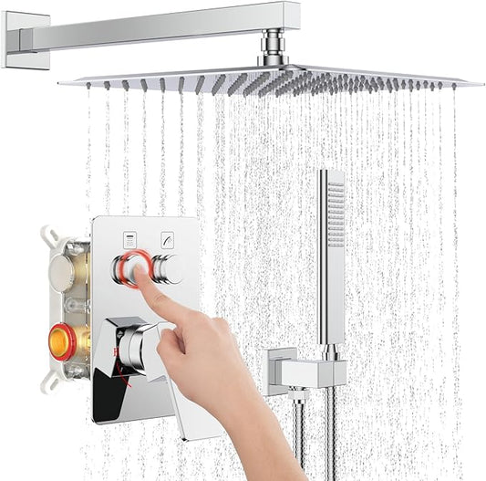 Iriber Chrome Shower System Wall Mount with 12 Inch Rain Shower Head and Handheld Bathroom Shower Set Contain Shower Faucet Mixer Valve Trim Kit (Valve Included)