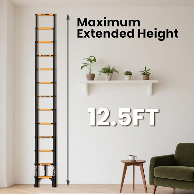 12.5 FT Telescoping Ladder, ANSI Certified, Type I Heavy Duty, 330lbs Max Capacity, Aluminum Extension Ladder for Home, Roof, RV; Yellow