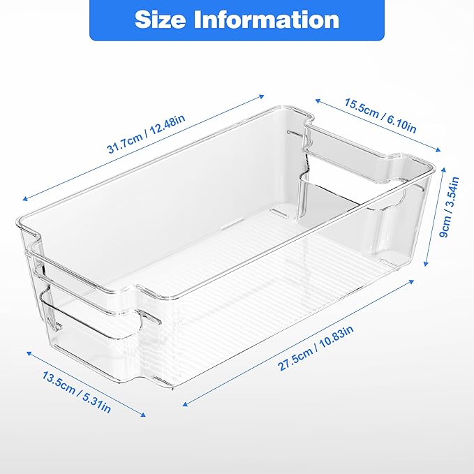 6 Pack Clear Refrigerator Storage Bins, Stackable Plastic Fridge Organizer Kitchen Pantry Storage Bins with Handles for Snacks, Freezer, Kitchen Cupboard, and Cabinet Organization