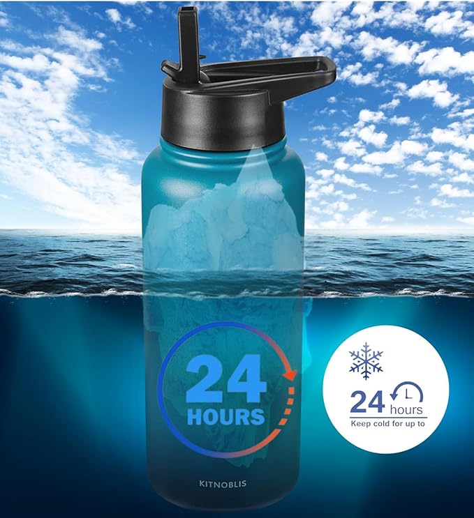 Water Bottle Insulated 32oz Straw Lid, Leak Proof, Vacuum Insulated,Stainless Steel Water Bottle Wide Mouth for Sports, Gym, BPA-Free Keep Cold 24H Hot 12H (Dark green)