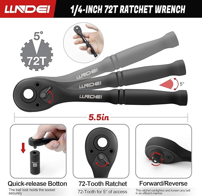 LLNDEI 1/4" Drive Socket Set & Nut Driver Set 44PCS, 1/4-Inch Sockets Deep&Shallow Metric(4-15mm) with Ratchet, 1/4" Hex Shank 6" Long Nut Drivers(6-14mm) for Impact Drill Bits(PH1 PH2)