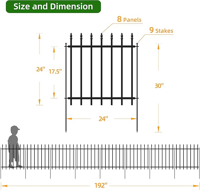 Decorative Metal Garden Fence 24 in H x 16 ft L,8 Panels + 9 Stakes Border Fence Panels Animal Barrier for Dogs, No Dig Garden Fencing for Yard Patio Flower Bed Lawn Outdoor,Black