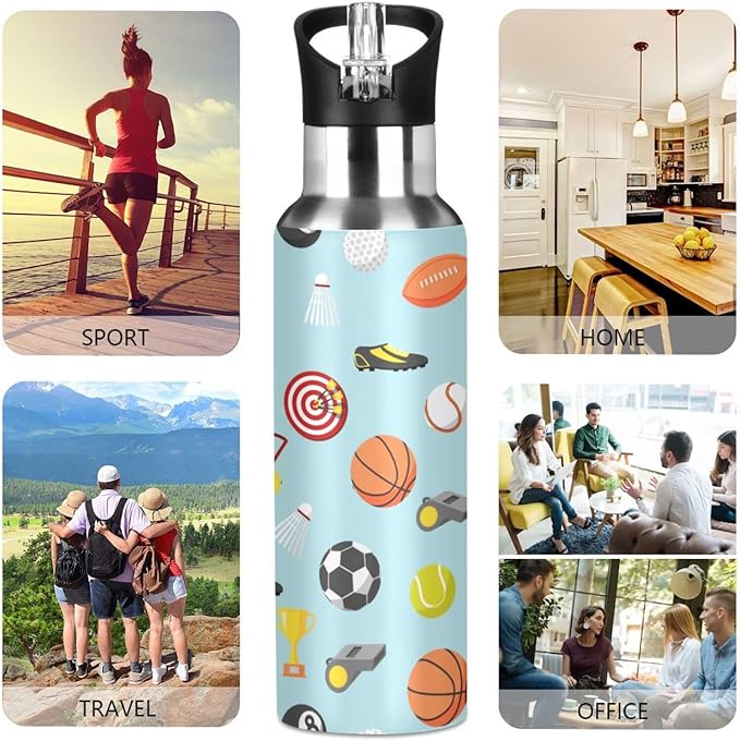 Sport balls Stainless Steel Water Bottle with Straw Lid - 20 Oz Sports Insulated Water Bottle Thermos for Sport Gym Outdoor Travel School