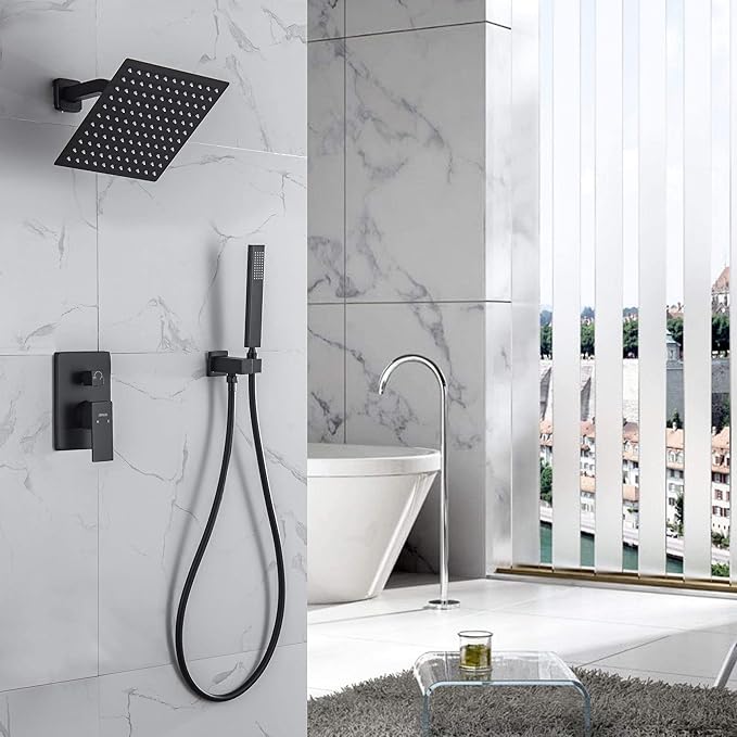 Shower System with Handheld Shower, Rainfall Shower Faucet Set with 10 Inch Shower Head and Handheld Wall Mounted Bathroom Shower System Faucet Set Rough-in Valve and Trim Kit, Matte Black