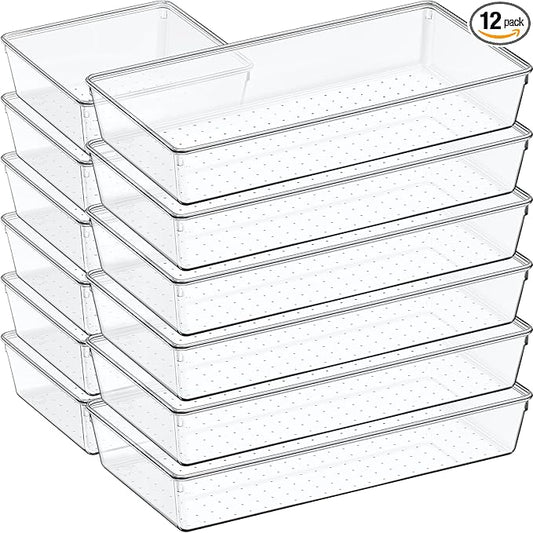 12 Pack Large Clear Plastic Drawer Organizer Set, Acrylic Bathroom Organizer Vanity Trays Dividers, Kitchen Organizers and Storage, Non-Slip Storage Bins for Makeup, Snacks, Office, Desk, Fridge