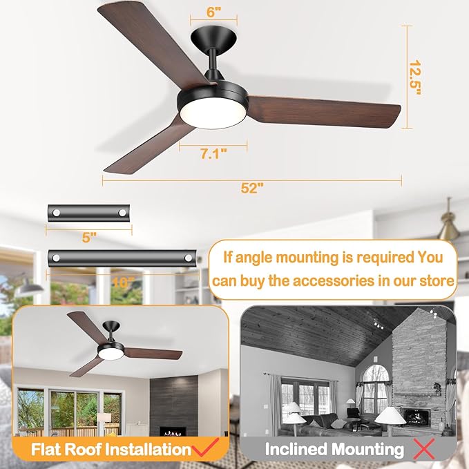 Ceiling fan with lights, 52 inches, color adjustable with remote control, no noise, reverse flow energy saving, modern design