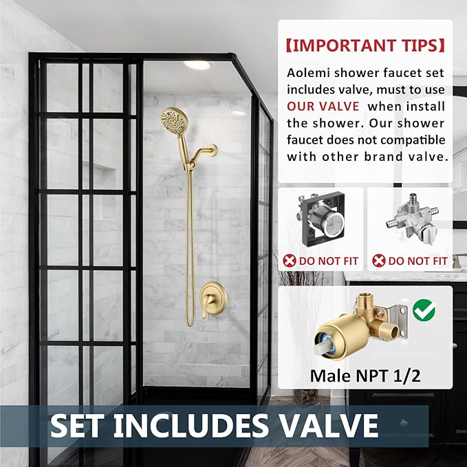 Aolemi Shower Faucet Set Rain Shower Head System Shower Trim Kit Pressure Rough-in Valve Included ABS 8 Setting Single Handheld Spray Brushed Gold