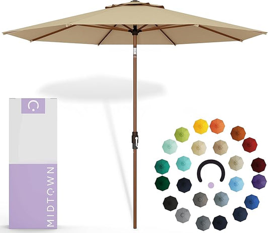 Midtown Umbrellas Sunbrella Umbrella Outdoor Patio Umbrella 2-9 Feet in Heather Tan Acrylic Fabric, Auto-Tilt Aluminum Frame For Backyard Umbrella, Deck Umbrella & Porch Umbrella - Wooden Pole