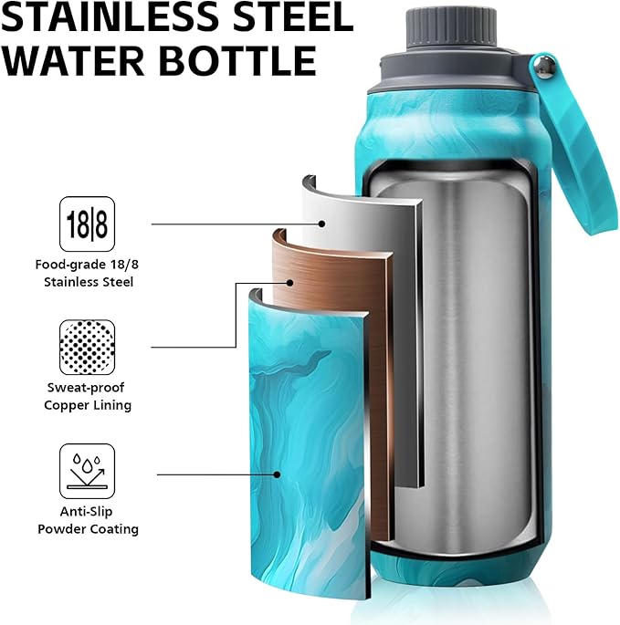 Greylock 20 oz Insulated Stainless Steel Water Bottle with Straw Lid- BPA-Free Leak Proof When Closed, Reusable Metal Water Bottle with Carry Handle for Travel Camping, 24 Hours Cold (Tides)