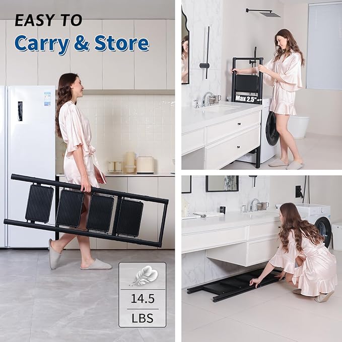 Double Elite Step Ladder 4 Step Folding with Handgrip, Safer 330 Lbs Load Folding Step Stool, Convenient Small Step Ladder with Tool Bag, Sturdy Ladders for Adults with Wide Pedals, Black