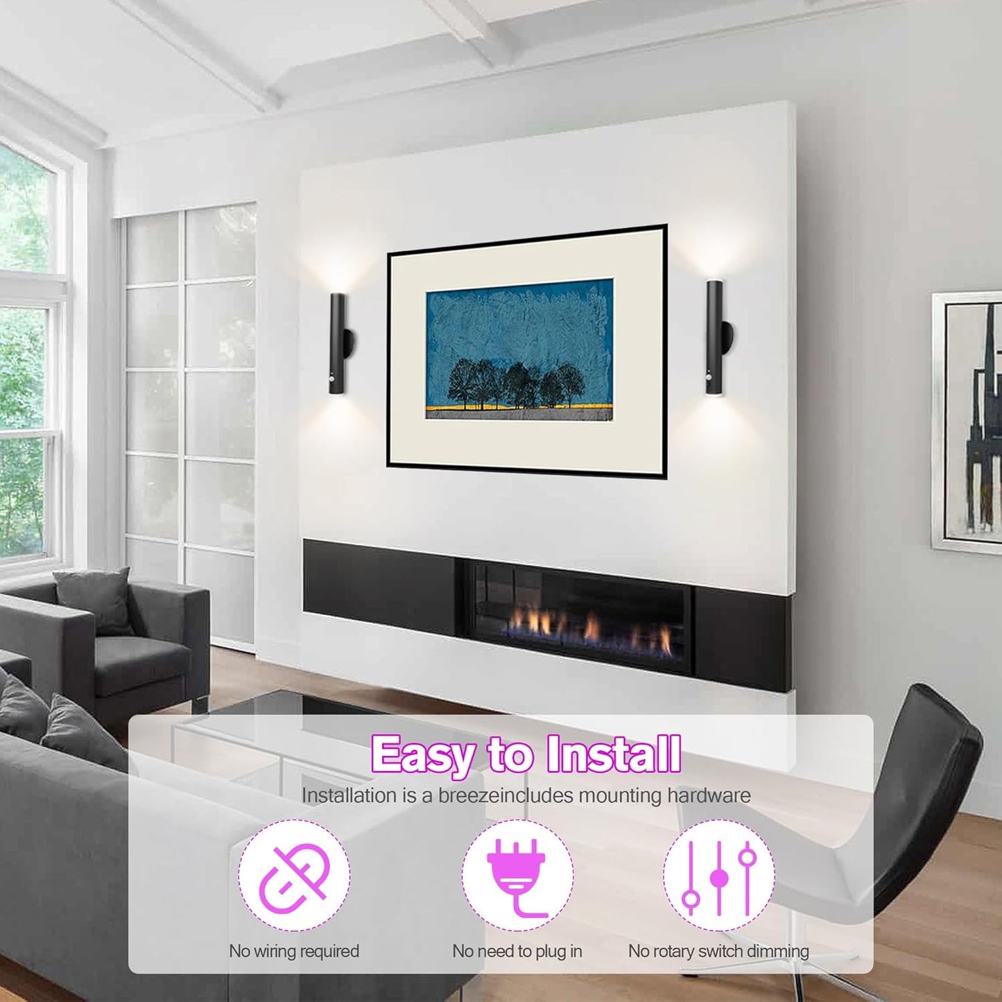 Battery Operated Wall Sconce Set of Two, Rechargeable Wall Lights with Motion Sensor, Remote Control, Dimmable Metal Magnetic Wall Lamp for Decor, Bedroom, Night Light (Black, 2 Pcs)