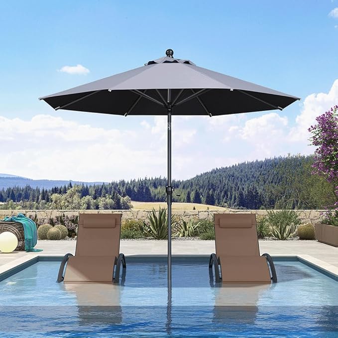 PURPLE LEAF 9' Round Patio Umbrella Outdoor Table Umbrella Aluminum Frame Market Umbrella Sun Umbrella with 8 Sturdy Ribs & Tilt for Garden Deck Lawn & Pool Gray