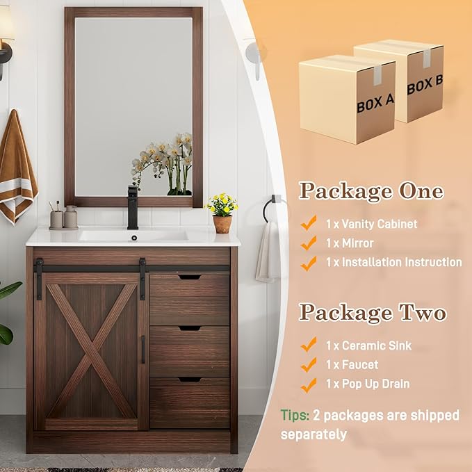 36 Inch Bathroom Vanity with Sink & Faucet & Mirror, Farmhouse Bathroom Vanity Cabinet Set with Sliding Barn Door & Drawers, Small Single Bath Storage Vanity Sink, Brown