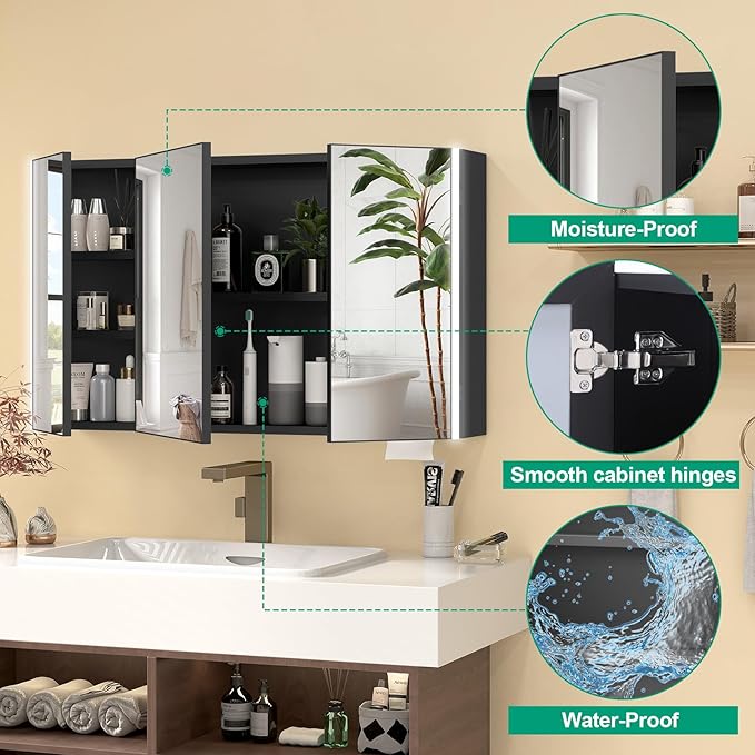 40x24 Inch Medicine Cabinet with Light, AL Alloy Frame, Full-Assembled Bathroom Mirror Cabinet with Brightness Adjustable and Storage Shelves, Led Medicine Cabinet with Recessed or Wall Mount,Black