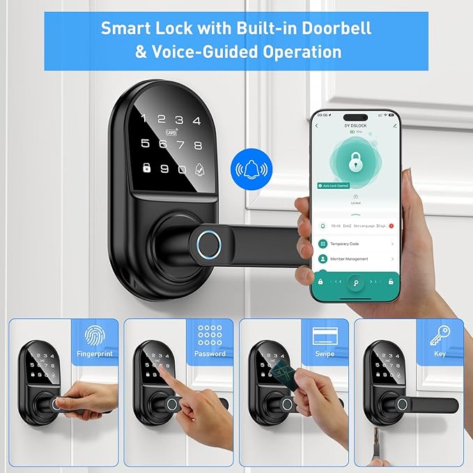 Smart keypad Door Lock with Handle，Fingerprint Keyless Entry Digital Lock with Built-in doorbell for Front Door,Bedroom,biometric Door knob,with Gateway Remote APP Control