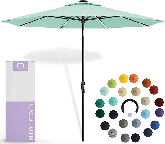 Midtown Umbrellas The LED Swilt 10 Feet Patio Umbrella With Sunbrella Canvas Glacier Acrylic Fabric - Auto-Tilt Aluminum Frame With LED Lights For Backyard, Deck, Garden, Pool - Black Pole
