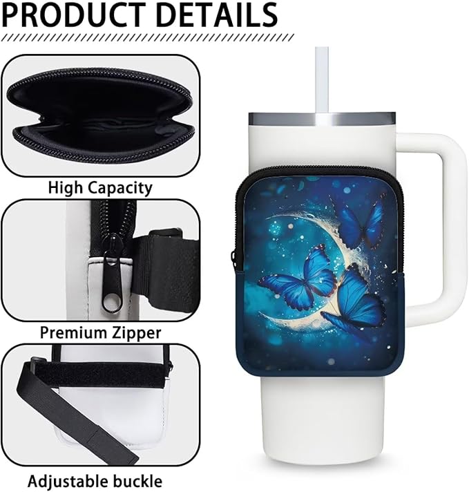 Butterfly Moon Stanley Cup Pouch with Adjustable Strap Water Bottle Storage Bag 20oz-40oz IceFlow Tumbler Pouch for Stanley Accessories