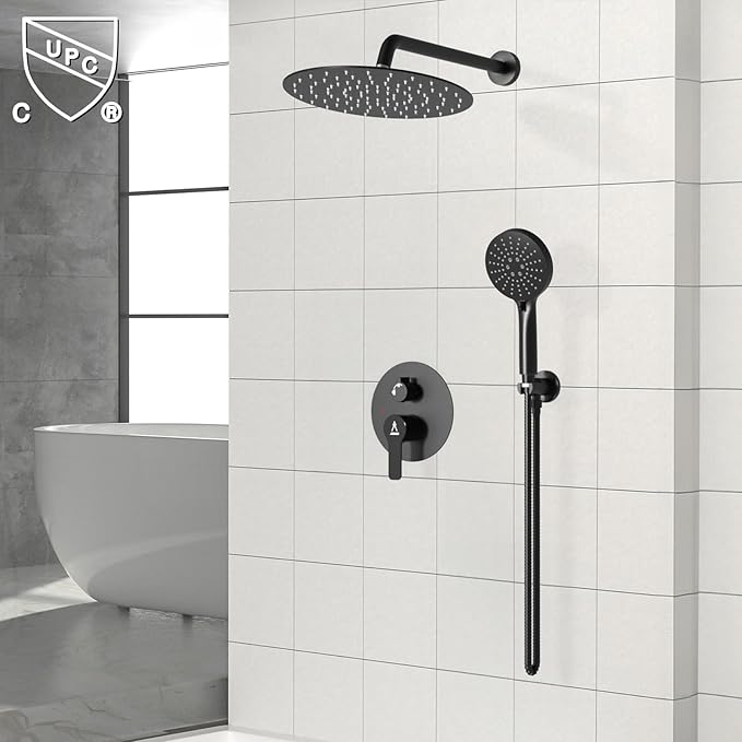 Shower Faucet Set 12IN Brass Rough-In Valve Body Trim Kit Rainfall Included Handle Accessories Complete 2 Functions with Rain Head and Handheld Bathroom Systems (12'', Matte Black)