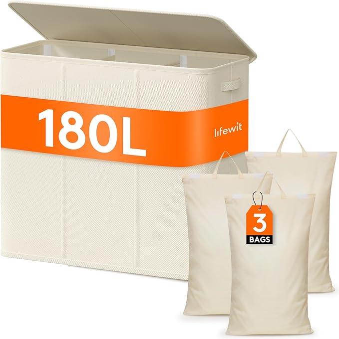 Lifewit Triple Laundry Hamper with Lid and Removable Laundry Bags, Large Collapsible 3 Dividers Dirty Clothes Basket with Handles for Bedroom, Laundry Room, Closet, Bathroom, College, 180L White