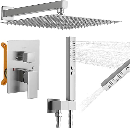 RUMOSE Brushed Nickel Rainfall Shower System 12 Inch High Pressure Square Shower Head with 2 in 1 Handheld Spray Wall Mount Brass Bathroom Shower Faucet Set with cUPC Certified Rough-in Valve