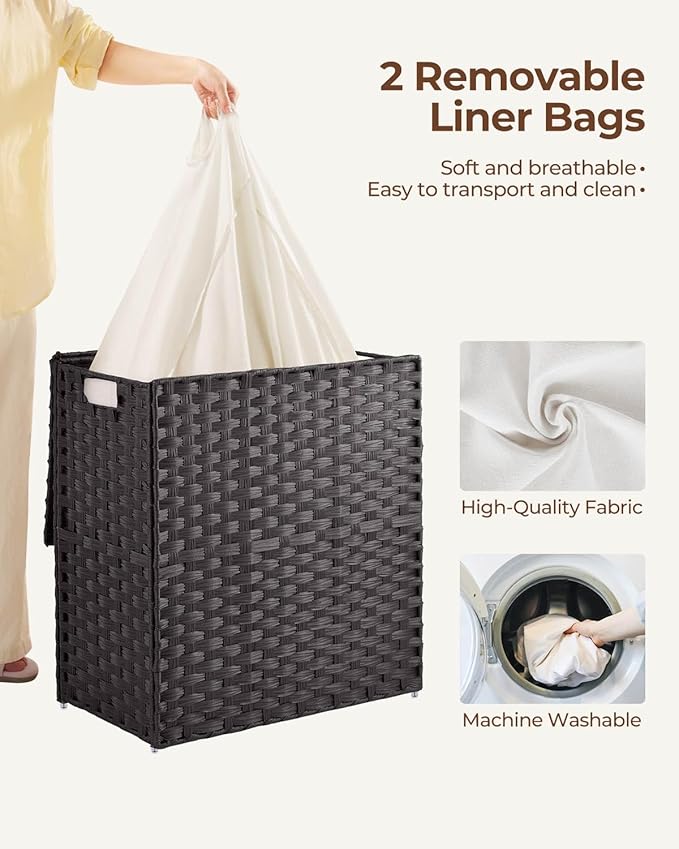 Greenstell Laundry Hamper with lid, No Install Needed, 110L Wicker Laundry Baskets Foldable 2 Removable Liner Bags, 2 Section Clothes Hamper Handwoven Rattan Laundry Basket with Handle, Black