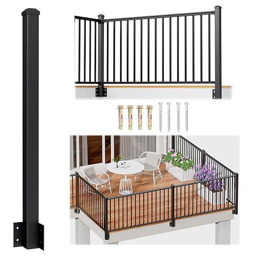 1 Pack 2.56 in. x 2.56 in. x 46 in. Aluminum Side Mount Railing Post for 36" Stair or Level Railing Kit, Black Textured Powder-Coat Finish Fascia Mount Post Inner Corner Side Post