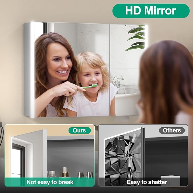 36x28 Medicine Cabinet with Light, AL Alloy Frame, Full-Assembled Bathroom Mirror Cabinet with Brightness Adjustable and Storage, Led Medicine Cabinet Mirrored with Recessed or Wall Mount, Sliver