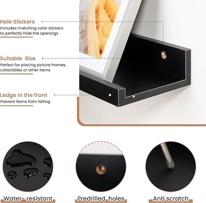 Fun Memories Picture Ledge Shelves Set of 2, 32 Inch Rustic Wall Mounted Floating Shelves with Lip for Home Storage and Décor in Bathroom, Kitchen, Nursery, Bedroom, Living Room, Black