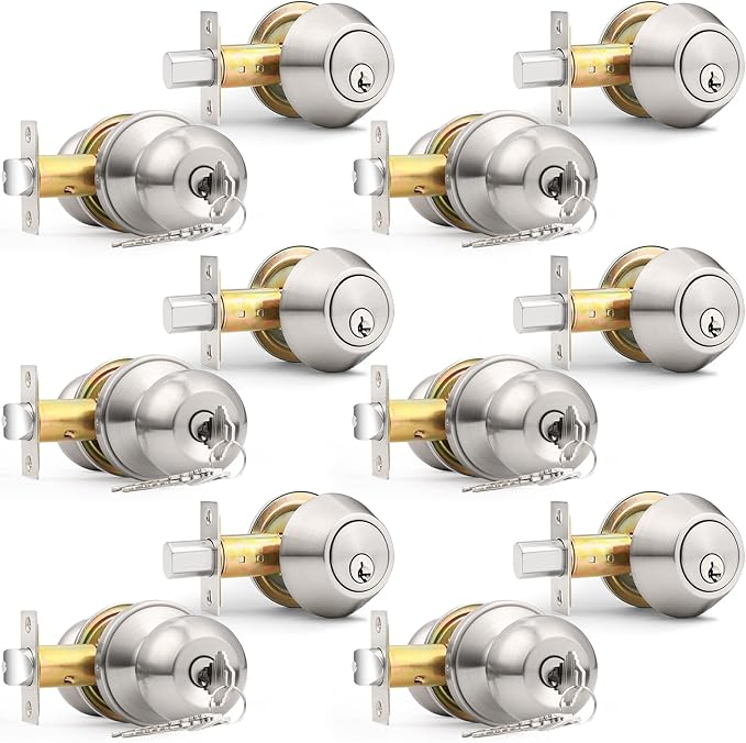 Probrico 6 Pack Exterior Door Knob and Single Cylinder Deadbolt Lock Combo Set, Brushed Nickel Front Door Handle with Lock and Key, Keyed Alike