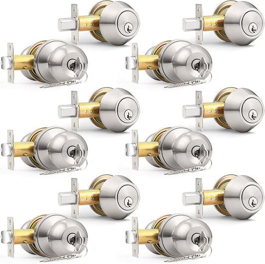 Probrico 6 Pack Exterior Door Knob and Single Cylinder Deadbolt Lock Combo Set, Brushed Nickel Front Door Handle with Lock and Key, Keyed Alike