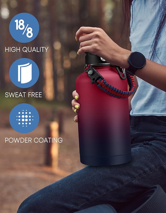 Stainless Steel 64 oz Water Bottle with Straw - Leakproof Insulated Flask for Hiking Camping Cycling