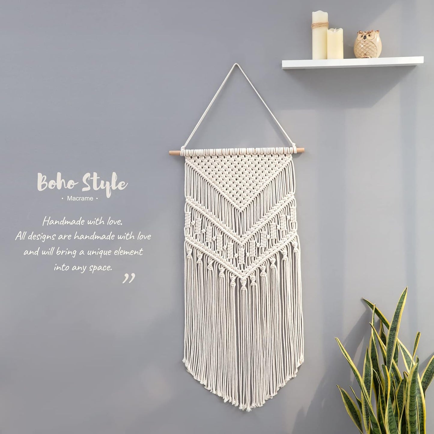 Mkono Macrame Wall Hanging Art Woven Boho Home Décor, Geometric Beautiful Yarn Tapestry Wall Decor for Bedroom, Nursery, Apartment, Dorm Decoration, Christmas Gift for Teen Girl Mom, 17" W x 33" L