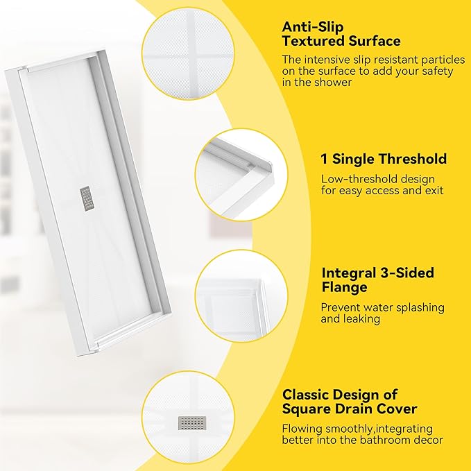 Sunrosa Shower Base 48"×36"×4", Single Threshold Shower Bases with Center Drain, Rectangle Solid Surface White Shower Pan, Slip Resistant Textured Surface, Include Stainless Steel Chrome Cover