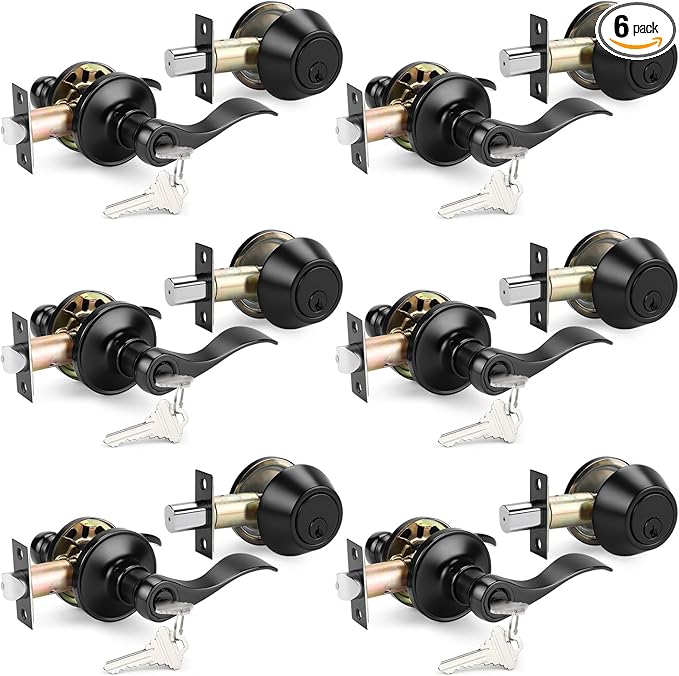 Probrico Front Door Entry Lever Lockset, Single Cylinder Deadbolt Combination Set, Flat Black Finish Keyed Alike Combo, Reversible for Right and Left Side 6Pack