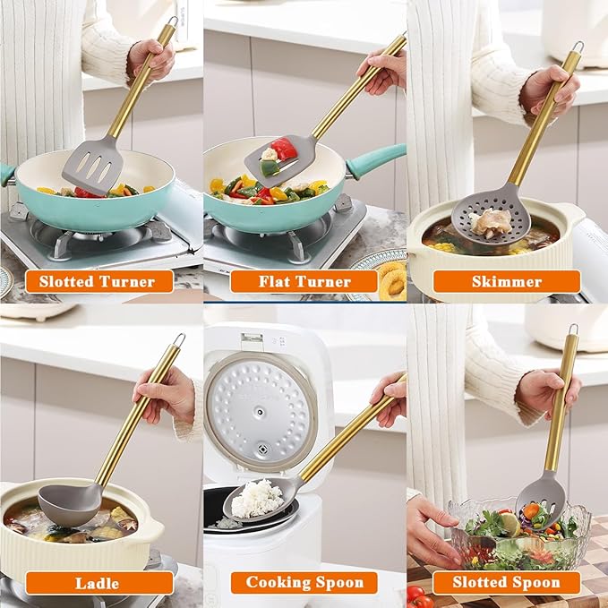 Gold Kitchen Utensils Set, Kyraton 38 Piece Silicone kitchen Cooking Utensils Set with Utensil Rack, Spoon Spatula Set, Non-Stick kitchen Gadgets, Dishwasher Safe