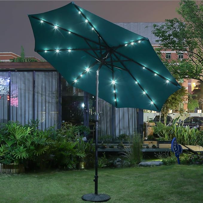 Sunnyglade 9' Solar LED Lighted Patio Umbrella with 8 Ribs/Tilt Adjustment and Crank Lift System (Teal Blue)