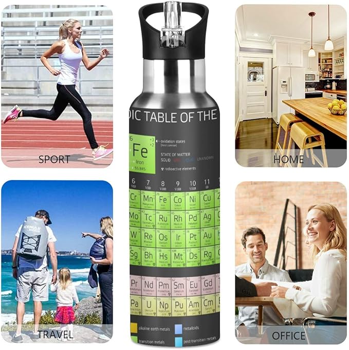 Periodic Table Of The Elements Water Bottle with Straw Lid for Fitness Gym Camping Outdoor Sports, Wide Mouth Vacuum Insulated 18/8 Stainless Steel, 22 oz