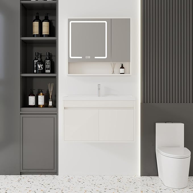 32'' Bathroom Vanity with Ceramic Sink Combo and Medicine Cabinet Mirror with Led Light/Defog, Wall Mounted Small Bathroom Vanity with Soft-Close Door Modern Floating Cabinet, Khaki(No Faucet)